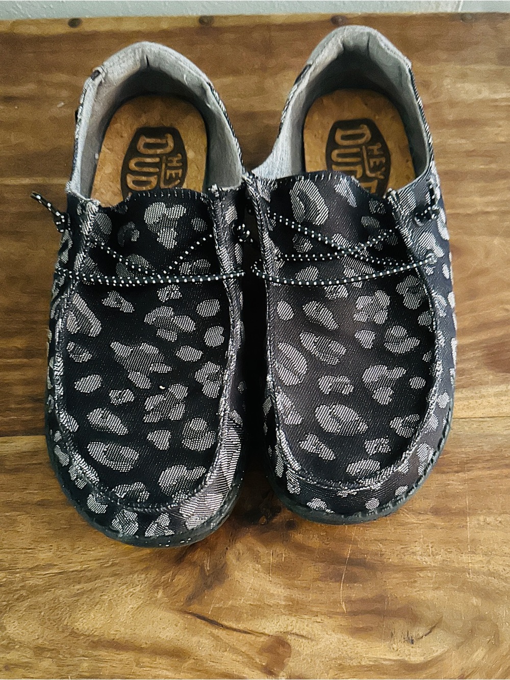 Hey Dude Women Black and Gray Leopard-Print Slip-On shoes